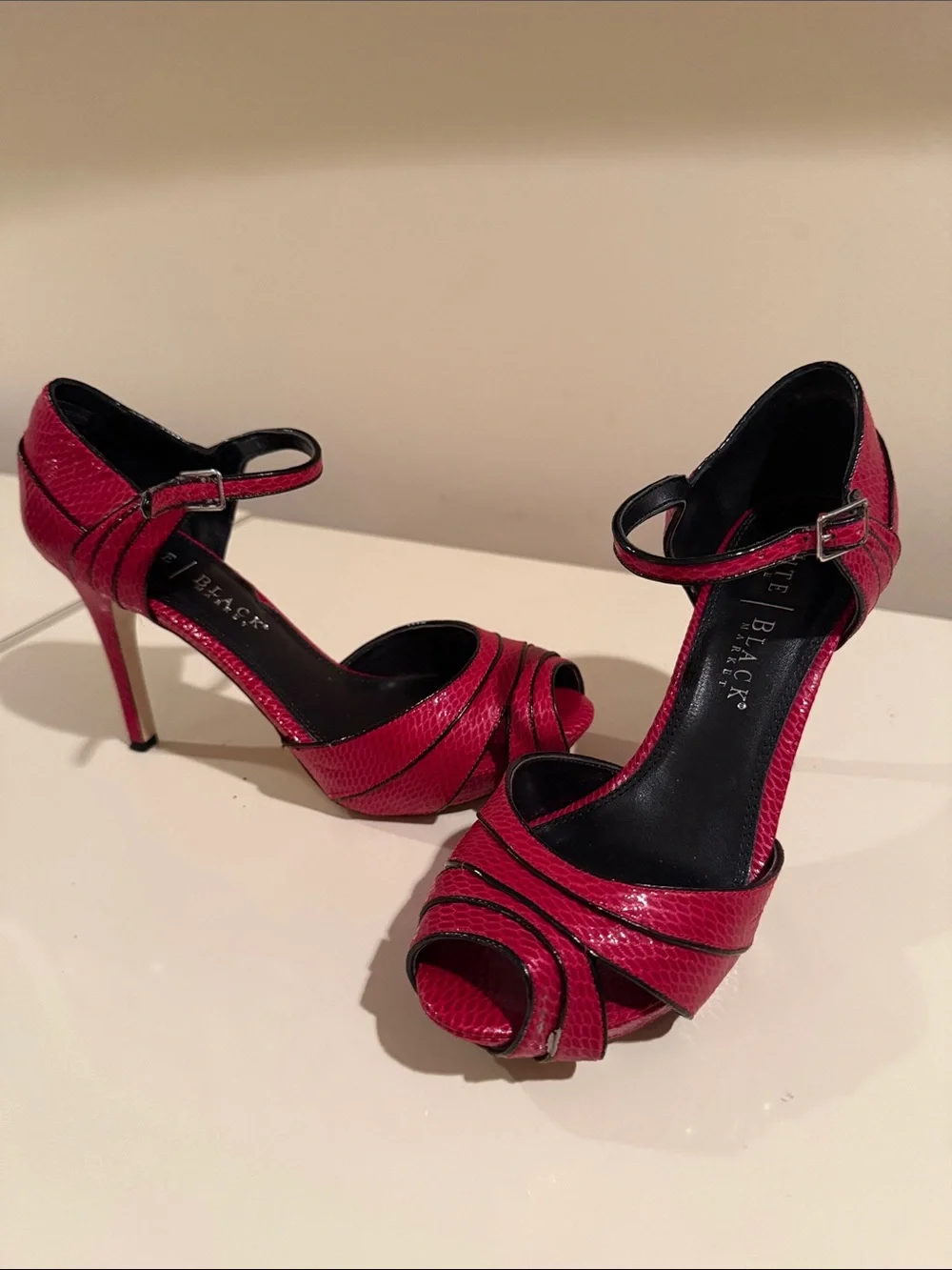 White House Black Market Fuchsia Snake-Embossed Ankle-Strap Peep-Toe Heels